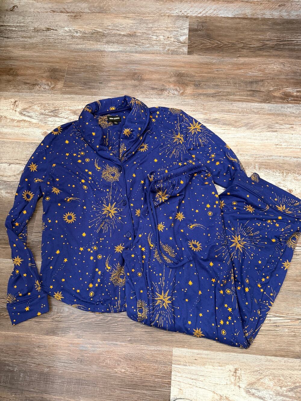 Room Service(Anthropologie) celestial pajama set blue/gold size womens small EUC